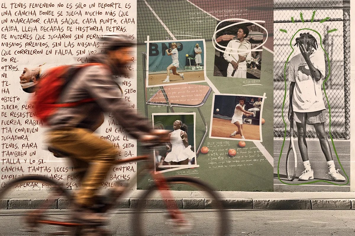 Mural editorial de tenis femenino con un ciclista pasando por delante, de Maren Alberdi Hernández, alumna de Diseño Gráfico y Motion Graphics en TRAZOS