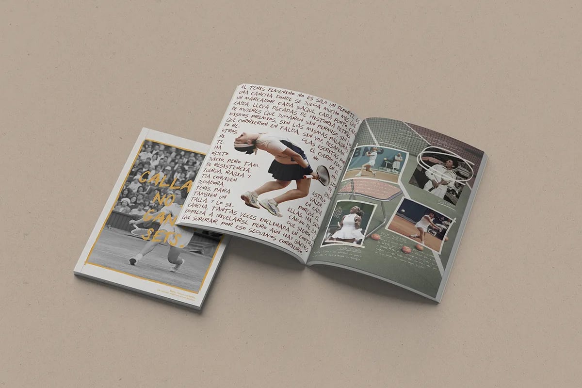 Revista abierta por una doble página con collage de tenistas en acción, de Maren Alberdi Hernández, alumna de Diseño Gráfico y Motion Graphics en TRAZOS