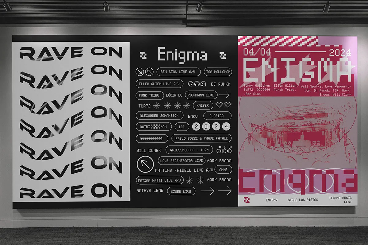 Mockup del sistema de carteles del festival de techno Enigma, de Iman Drissi, alumna de Diseño Gráfico y Motion Graphics en TRAZOS