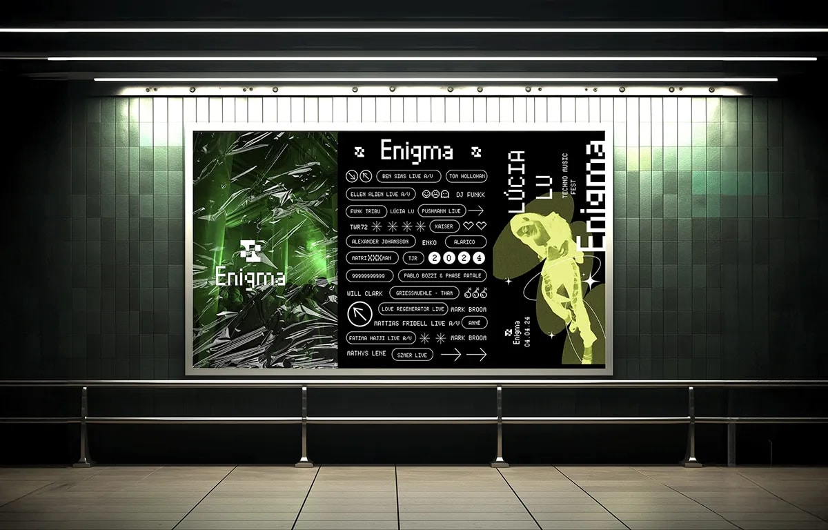 Mockup del cartel del festival Enigma en una valla de metro, de Iman Drissi, alumna de Diseño Gráfico y Motion Graphics en TRAZOS