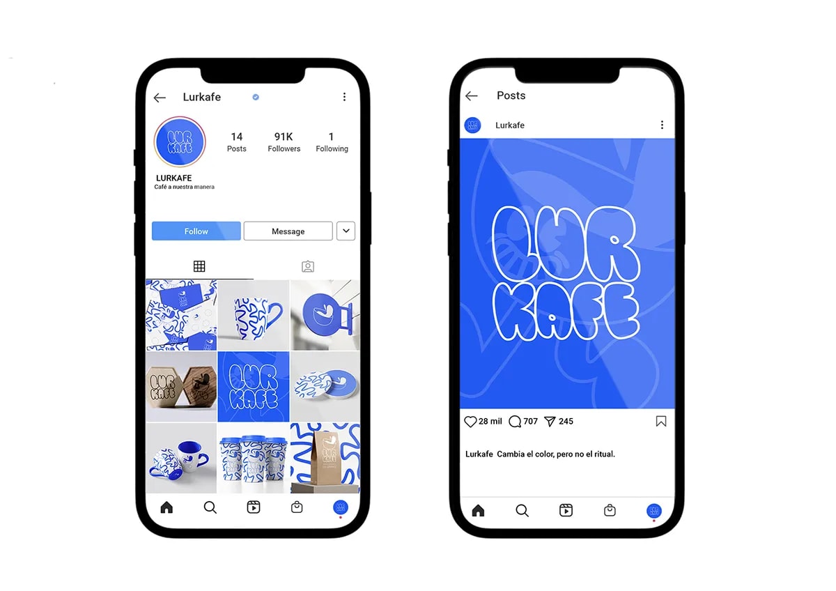 Mockup de las redes sociales de la marca Lur Kafe en Instagram, de Idoia Gutiérrez, alumna de Diseño Gráfico y Motion Graphics en TRAZOS