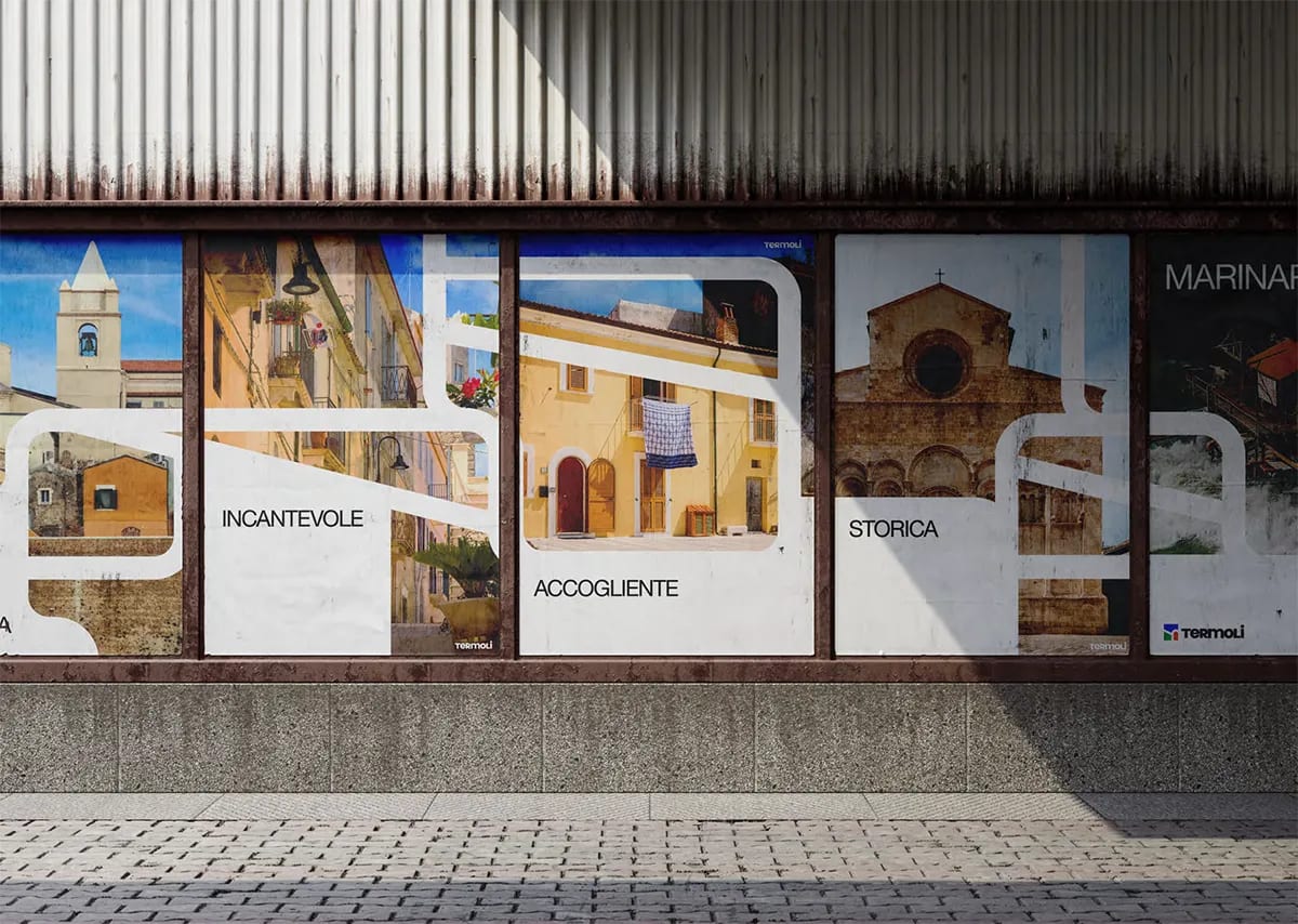 Serie de carteles de Termoli con los conceptos incantevole, accogliente y storica en un escaparate, de Belén Gonzalo Antón, alumna de Diseño Gráfico y Motion Graphics en TRAZOS