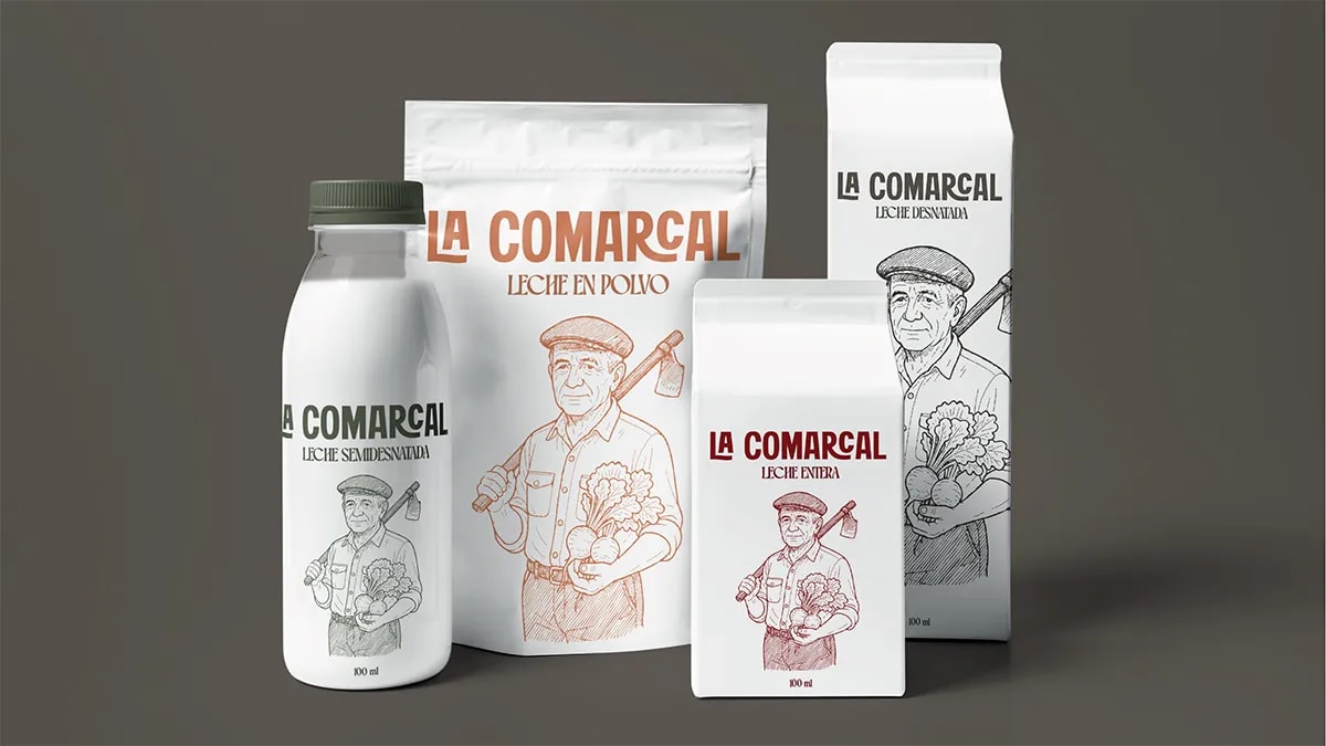 Gama de envases de leche La Comarcal: botella, bolsa y brik con ilustración de agricultor, de Maren Alberdi Hernández, alumna de Diseño Gráfico y Motion Graphics en TRAZOS
