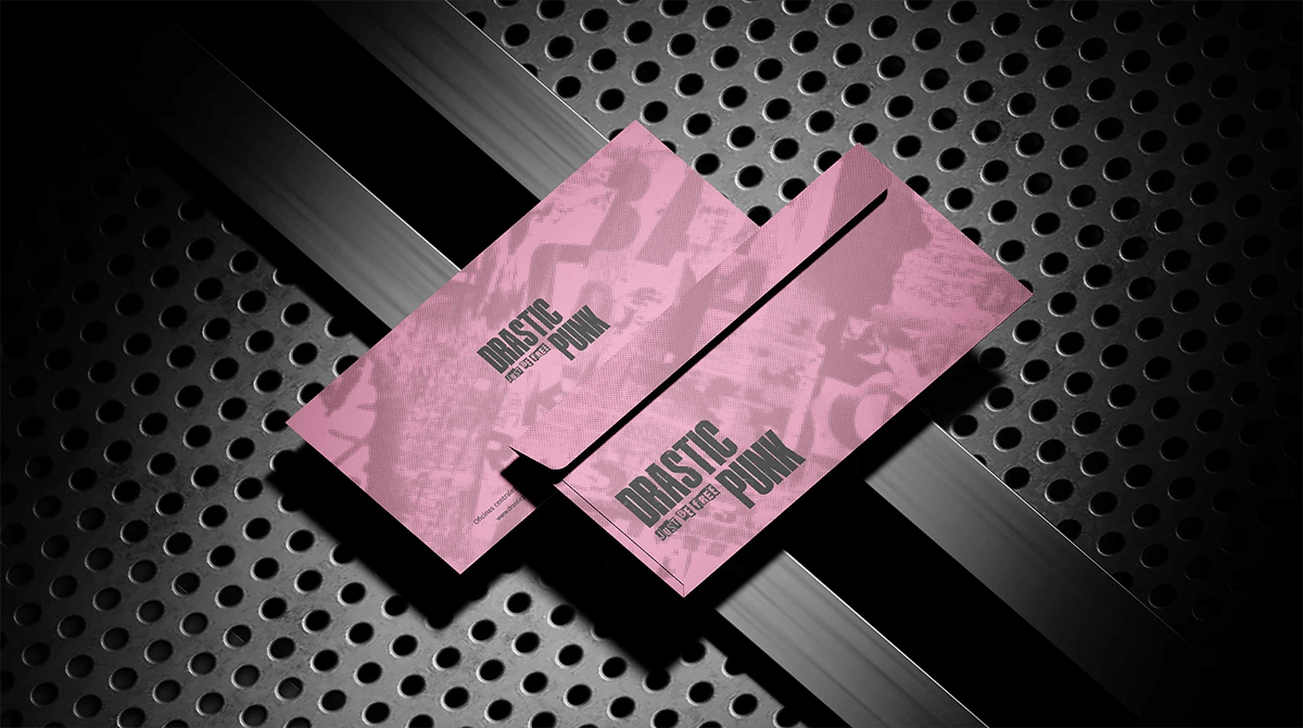 Sobres de la papeleria corporativa DRASTIC PUNK, de Lucía San Miguel, alumna de Diseño Gráfico y Motion Graphics en TRAZOS