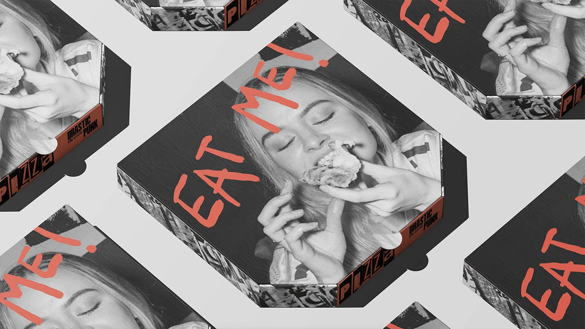 Packaging de caja de pizza de DRASTIC PUNK con el mensaje Eat Me, de Lucía San Miguel, alumna de Diseño Gráfico y Motion Graphics en TRAZOS