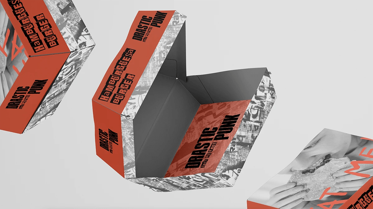 Packaging de caja de hamburguesa de DRASTIC PUNK, de Lucía San Miguel, alumna de Diseño Gráfico y Motion Graphics en TRAZOS