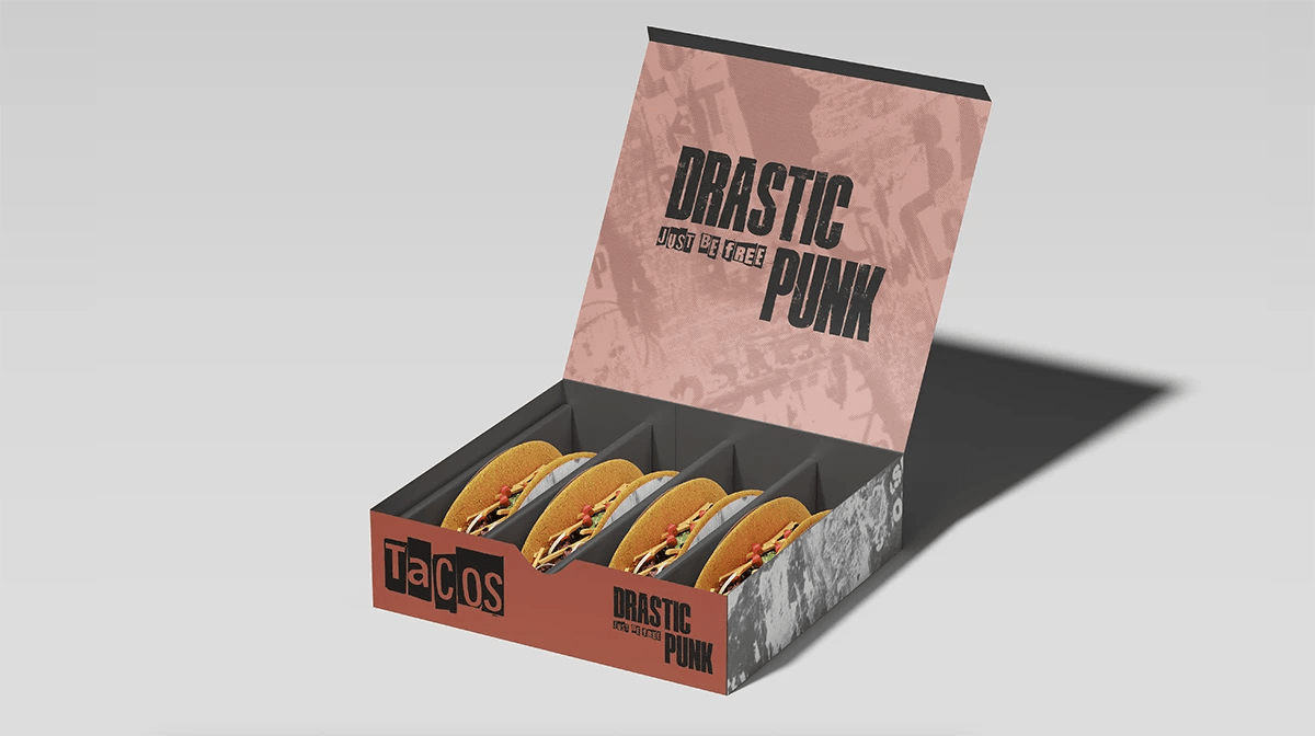 Packaging de caja de tacos de DRASTIC PUNK, de Lucía San Miguel, alumna de Diseño Gráfico y Motion Graphics en TRAZOS