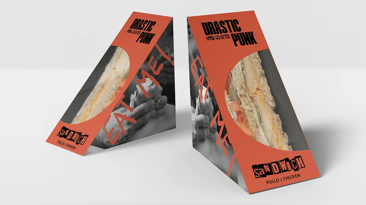 Packaging de envase de sandwich de DRASTIC PUNK, de Lucía San Miguel, alumna de Diseño Gráfico y Motion Graphics en TRAZOS
