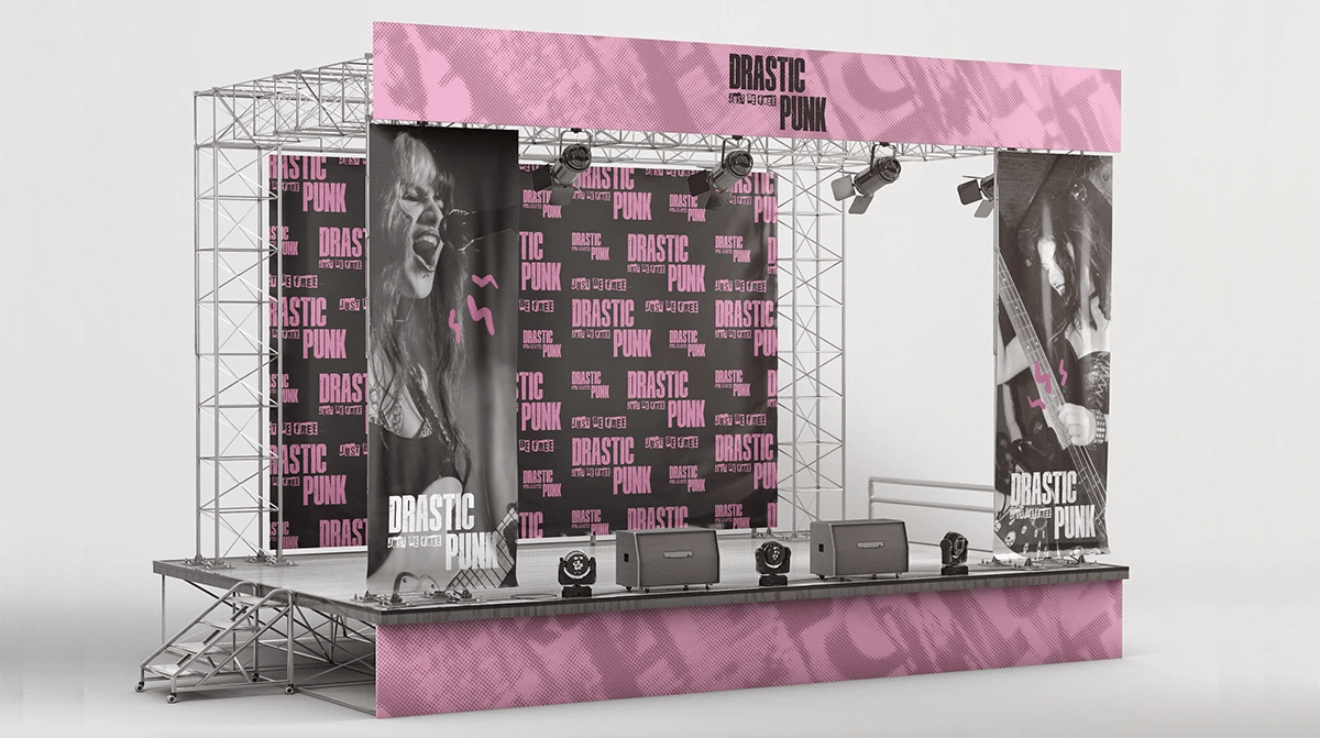 Diseño de escenario del festival DRASTIC PUNK, de Lucía San Miguel, alumna de Diseño Gráfico y Motion Graphics en TRAZOS
