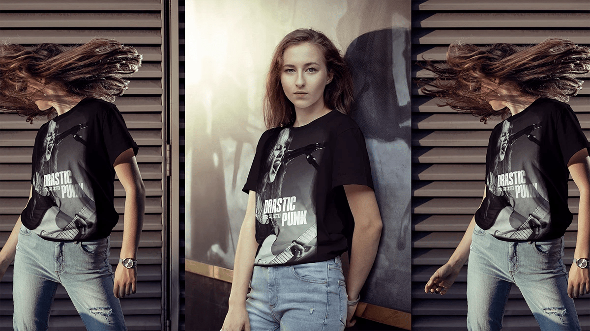 Camiseta de DRASTIC PUNK lucida por una modelo, de Lucía San Miguel, alumna de Diseño Gráfico y Motion Graphics en TRAZOS