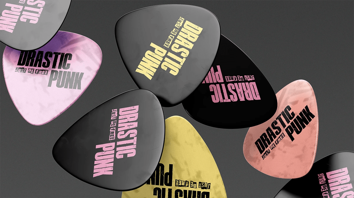 Puas de guitarra de merchandising de DRASTIC PUNK, de Lucía San Miguel, alumna de Diseño Gráfico y Motion Graphics en TRAZOS