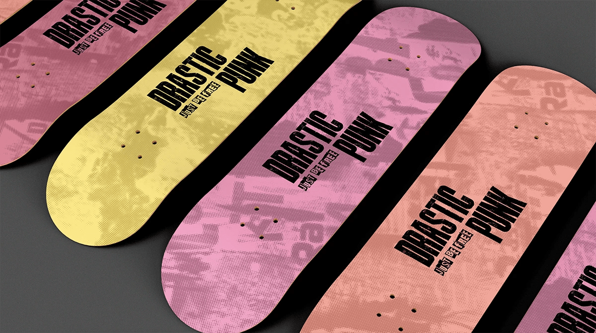 Tablas de skate de merchandising de DRASTIC PUNK, de Lucía San Miguel, alumna de Diseño Gráfico y Motion Graphics en TRAZOS