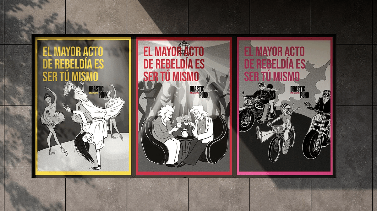 Serie de carteles ilustrados de DRASTIC PUNK con el lema El mayor acto de rebeldía es ser tú mismo, de Lucía San Miguel, alumna de Diseño Gráfico y Motion Graphics en TRAZOS