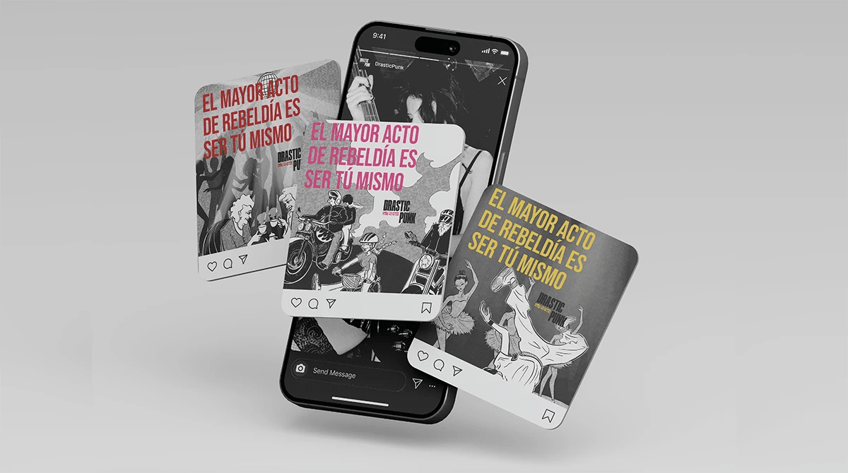 Publicaciones de redes sociales de DRASTIC PUNK en móvil, de Lucía San Miguel, alumna de Diseño Gráfico y Motion Graphics en TRAZOS