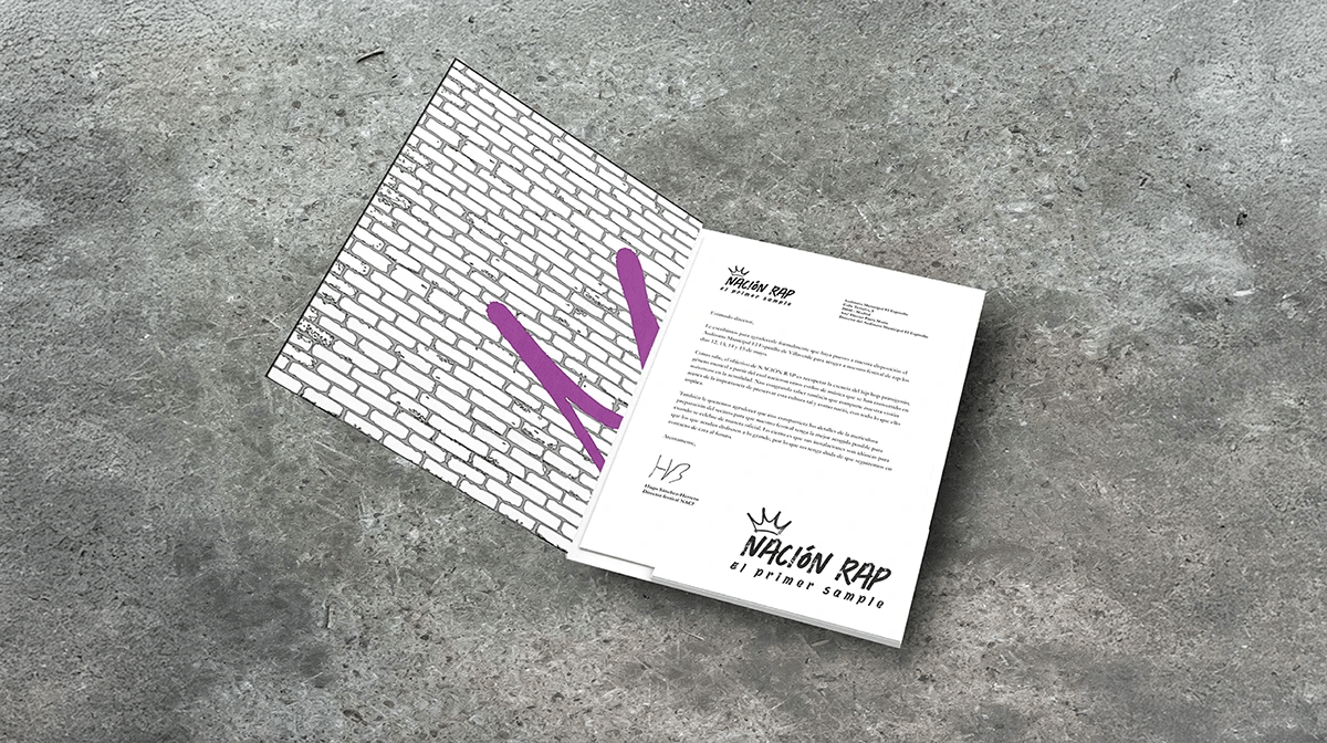 Folleto desplegado del festival Nación Rap, de Hugo Sánchez Herrero, alumno de Diseño Gráfico y Motion Graphics en TRAZOS