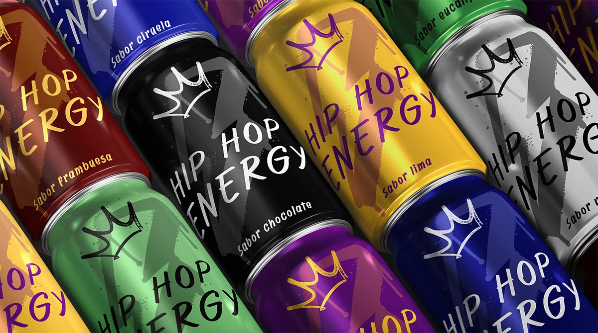 Gama de latas Hip Hop Energy en distintos sabores y colores, de Hugo Sánchez Herrero, alumno de Diseño Gráfico y Motion Graphics en TRAZOS