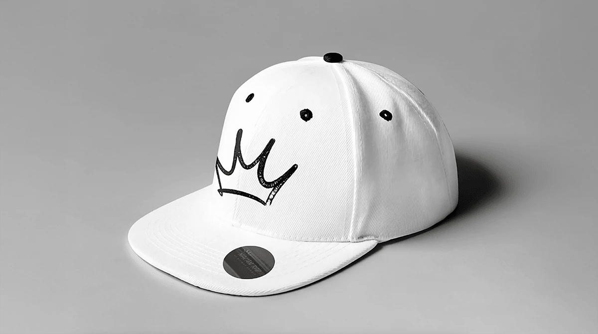 Gorra blanca del festival Nación Rap con el logotipo de corona de grafiti, de Hugo Sánchez Herrero, alumno de Diseño Gráfico y Motion Graphics en TRAZOS