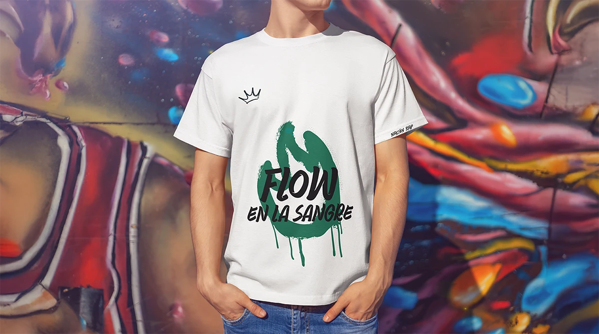 Camiseta del festival Nación Rap con el lema Flow en la Sangre, de Hugo Sánchez Herrero, alumno de Diseño Gráfico y Motion Graphics en TRAZOS