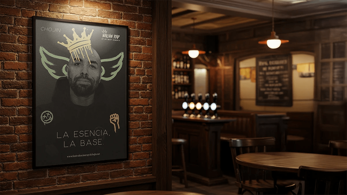 Cartel del festival Nación Rap con el lema La Esencia La Base en un bar, de Hugo Sánchez Herrero, alumno de Diseño Gráfico y Motion Graphics en TRAZOS