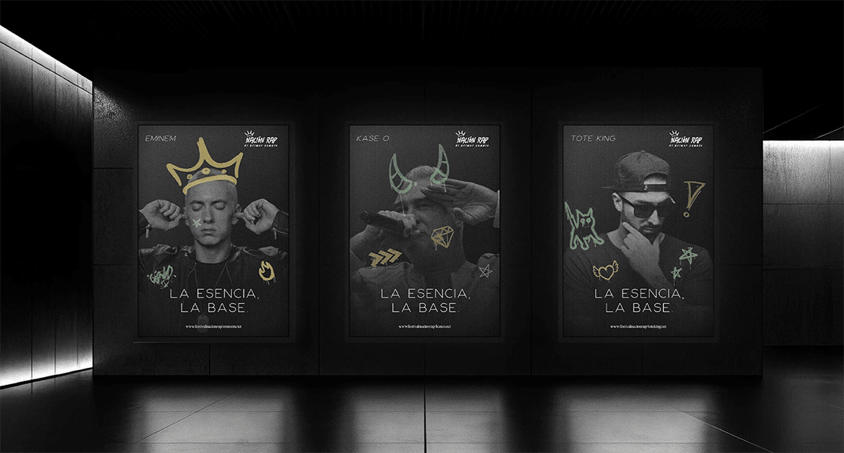 Carteles de artistas del festival Nación Rap con el lema La Esencia La Base, de Hugo Sánchez Herrero, alumno de Diseño Gráfico y Motion Graphics en TRAZOS