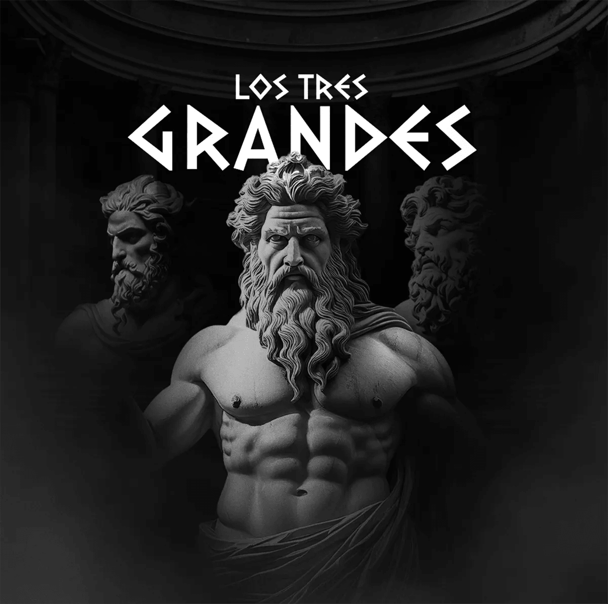 Cartel Los Tres Grandes con tres esculturas de dioses griegos sobre fondo oscuro, de María José Labarca, alumna de Diseño Gráfico y Motion Graphics en TRAZOS