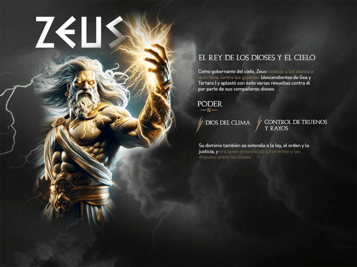 Ficha del dios Zeus rey de los dioses y el cielo con rayos dorados, de María José Labarca, alumna de Diseño Gráfico y Motion Graphics en TRAZOS