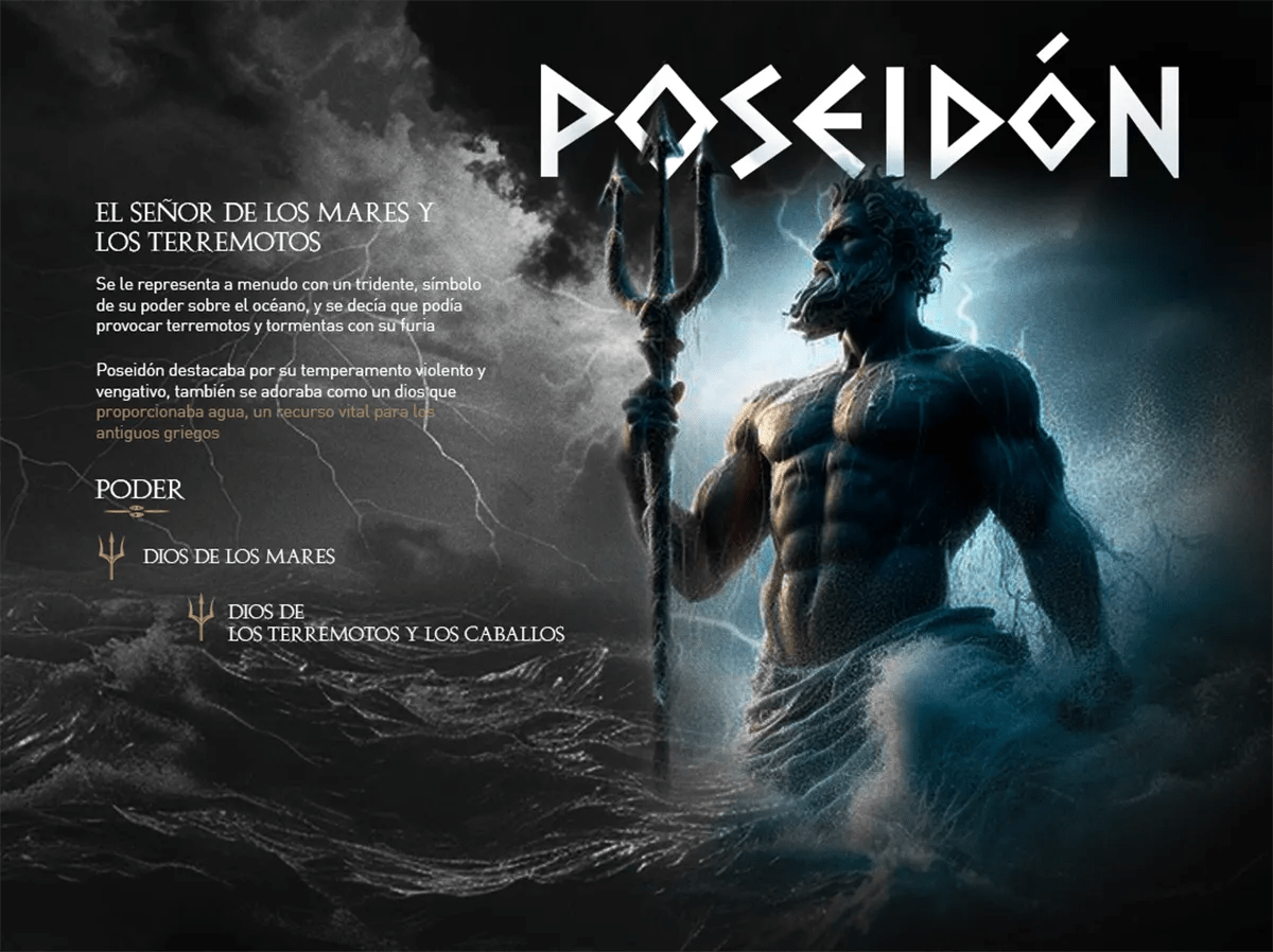 Ficha del dios Poseidón señor de los mares y los terremotos con tridente, de María José Labarca, alumna de Diseño Gráfico y Motion Graphics en TRAZOS