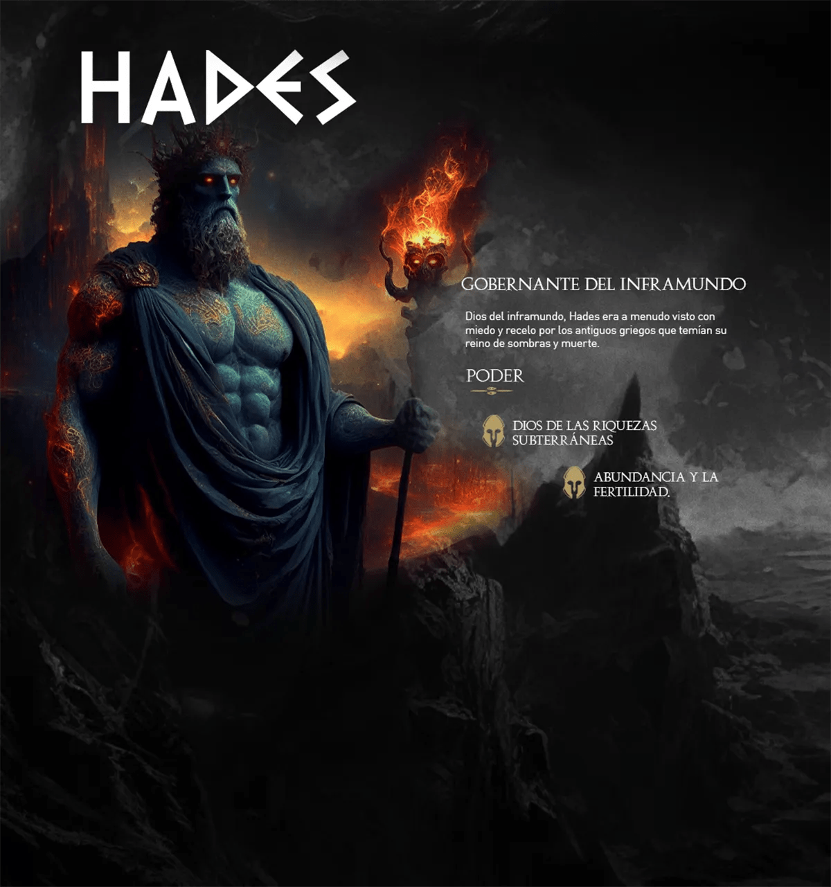 Ficha del dios Hades gobernante del inframundo entre llamas, de María José Labarca, alumna de Diseño Gráfico y Motion Graphics en TRAZOS