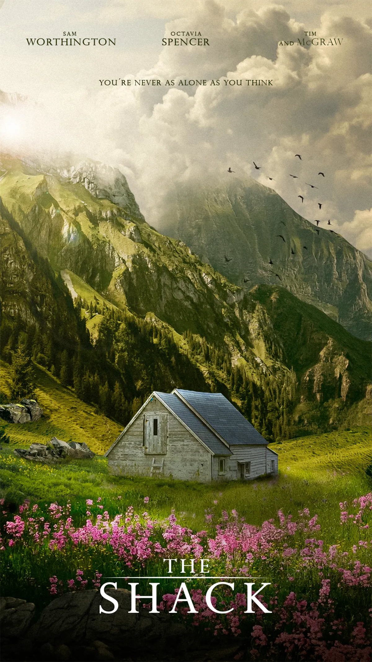 Cartel de la película The Shack con una cabaña en un valle de montañas y flores, de María José Labarca, alumna de Diseño Gráfico y Motion Graphics en TRAZOS