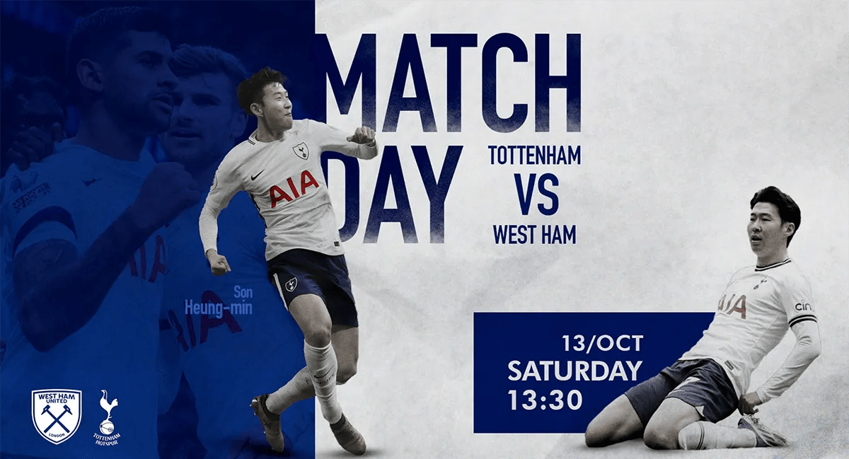 Gráfica deportiva Match Day del Tottenham contra West Ham con Son Heung-min, de María José Labarca, alumna de Diseño Gráfico y Motion Graphics en TRAZOS