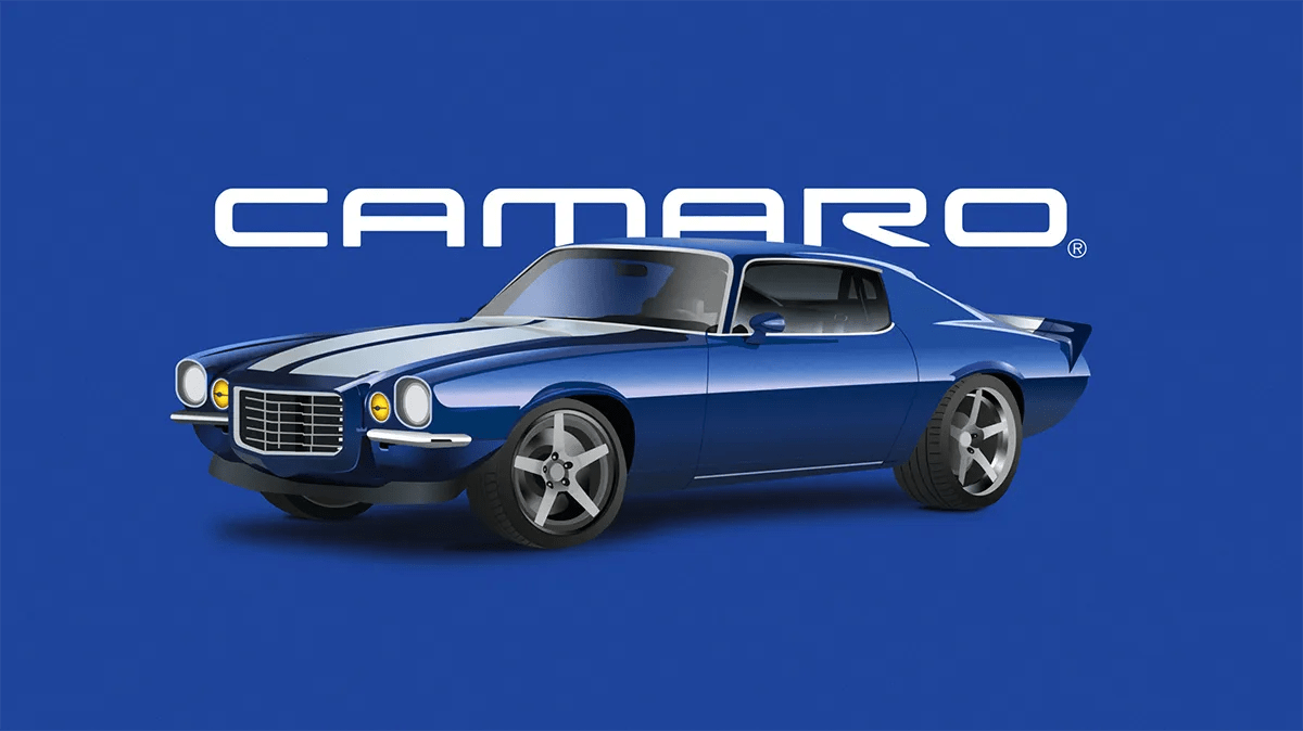 Render de un Chevrolet Camaro clásico azul con el logotipo Camaro sobre fondo azul, de María José Labarca, alumna de Diseño Gráfico y Motion Graphics en TRAZOS