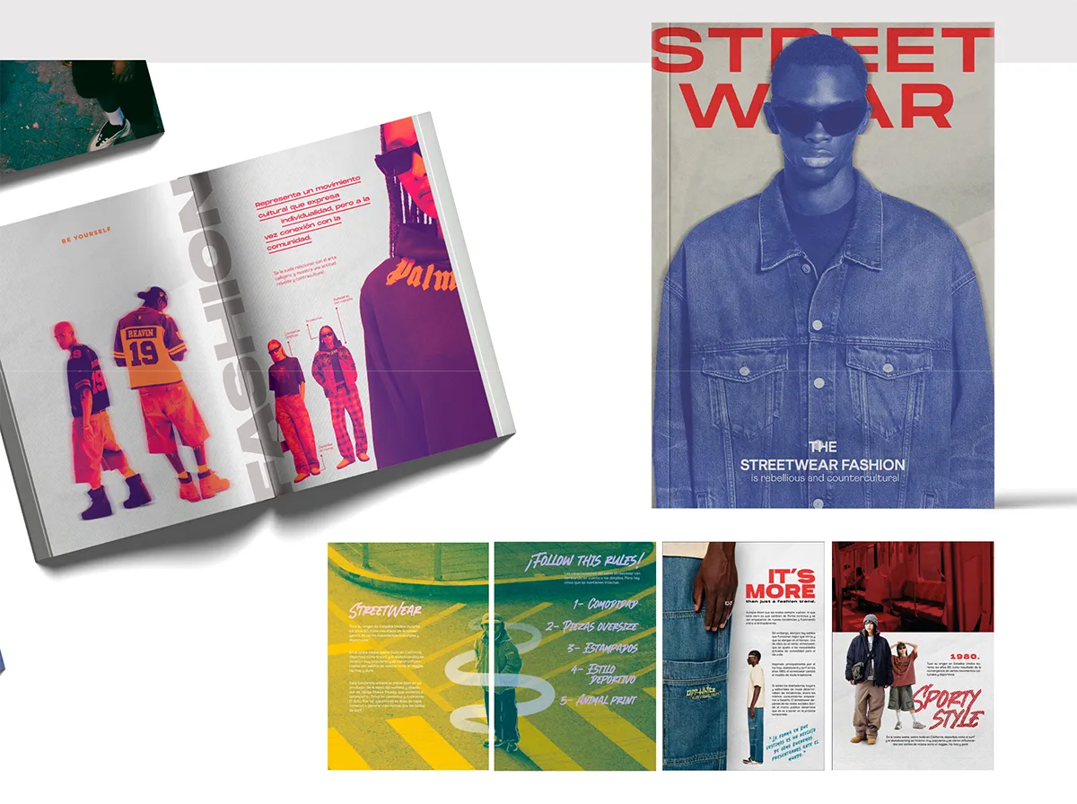 Revista Streetwear sobre moda urbana con portada y páginas interiores, de María José Labarca, alumna de Diseño Gráfico y Motion Graphics en TRAZOS