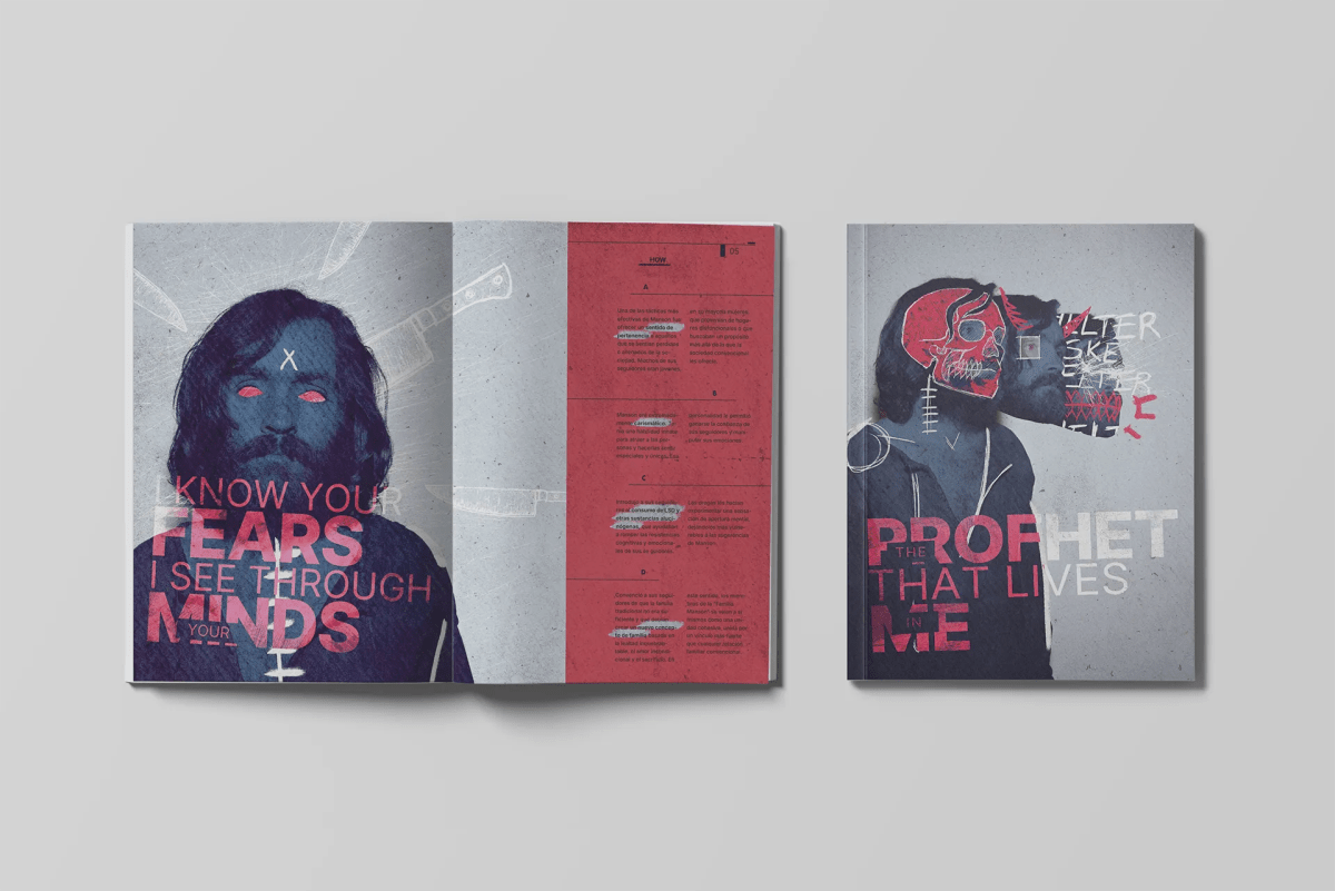 Portada y contraportada de la revista editorial Prophet con retratos intervenidos en rojo y gris, de Ane Gómez Martín, alumna de Diseño Gráfico y Motion Graphics en TRAZOS