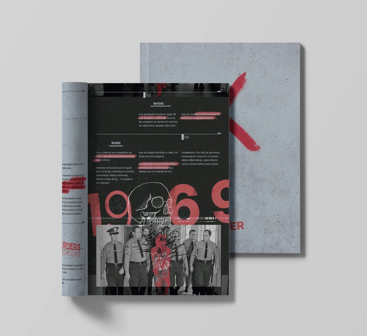 Página interior de la revista editorial Prophet con una foto en blanco y negro y el año 1969 en rojo, de Ane Gómez Martín, alumna de Diseño Gráfico y Motion Graphics en TRAZOS