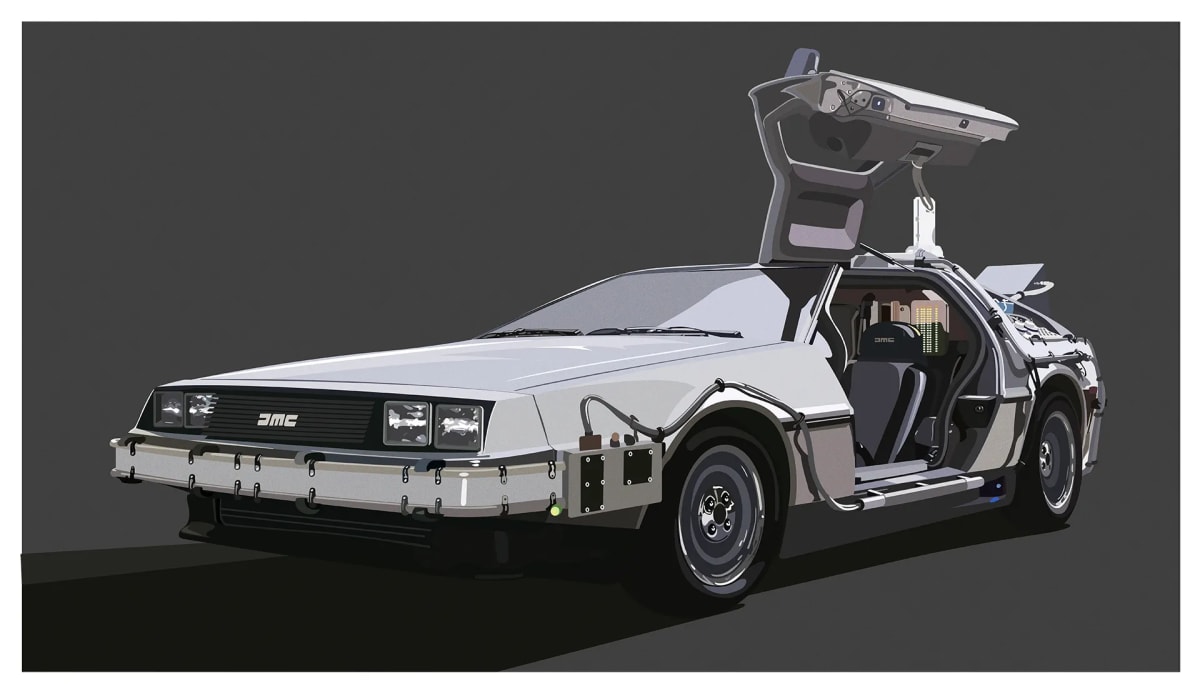 Ilustración vectorial del coche DeLorean de Regreso al Futuro con la puerta abierta sobre fondo gris, de Ane Gómez Martín, alumna de Diseño Gráfico y Motion Graphics en TRAZOS