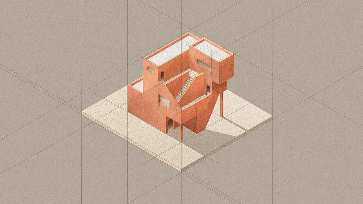 Render isométrico de una vivienda de hormigón en tono terracota sobre fondo beige, de Ane Gómez Martín, alumna de Diseño Gráfico y Motion Graphics en TRAZOS