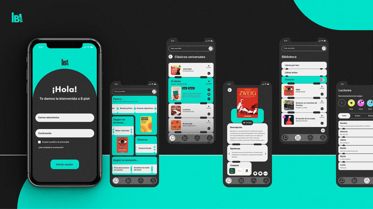 Pantallas de la app lbt de lectura con la bienvenida ¡Hola! sobre fondo negro y verde menta, de Ane Gómez Martín, alumna de Diseño Gráfico y Motion Graphics en TRAZOS