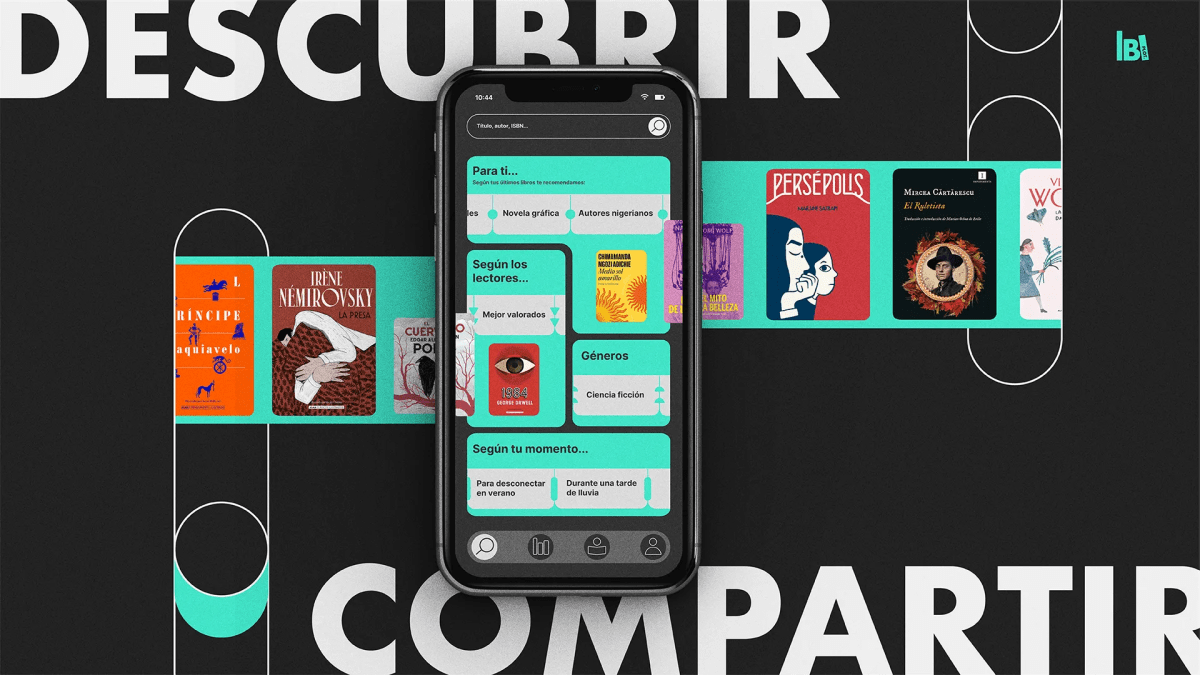 Mockup de móvil de la app lbt de lectura con el lema descubrir y compartir, de Ane Gómez Martín, alumna de Diseño Gráfico y Motion Graphics en TRAZOS