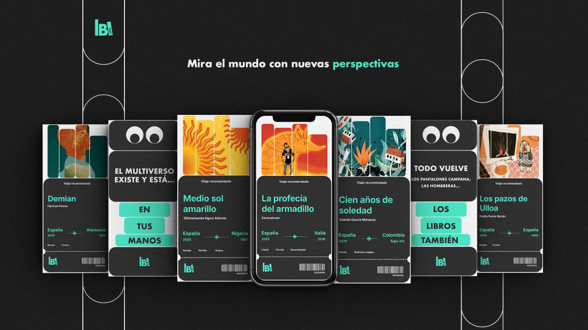 Pantallas de la app lbt de lectura con portadas de libros y el lema mira el mundo con nuevas perspectivas, de Ane Gómez Martín, alumna de Diseño Gráfico y Motion Graphics en TRAZOS