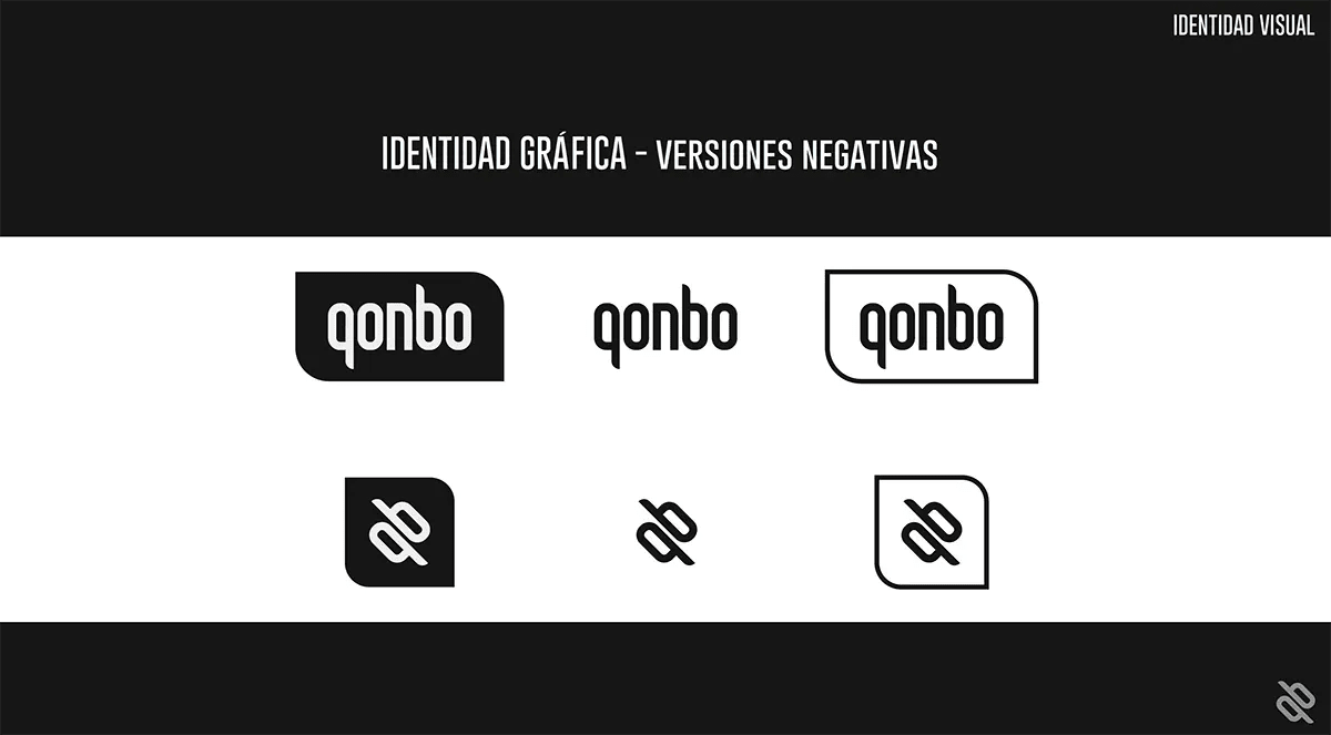 Versiones negativas del logotipo qonbo, de Guillermo Gómez, alumno de Diseño Gráfico y Motion Graphics en TRAZOS