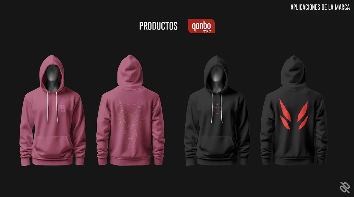 Mockups de sudaderas rosa y negra de la colección qonbo Otaku, de Guillermo Gómez, alumno de Diseño Gráfico y Motion Graphics en TRAZOS