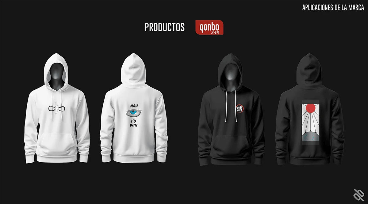 Mockups de sudaderas de la colección qonbo Otaku con gráficas de anime, de Guillermo Gómez, alumno de Diseño Gráfico y Motion Graphics en TRAZOS