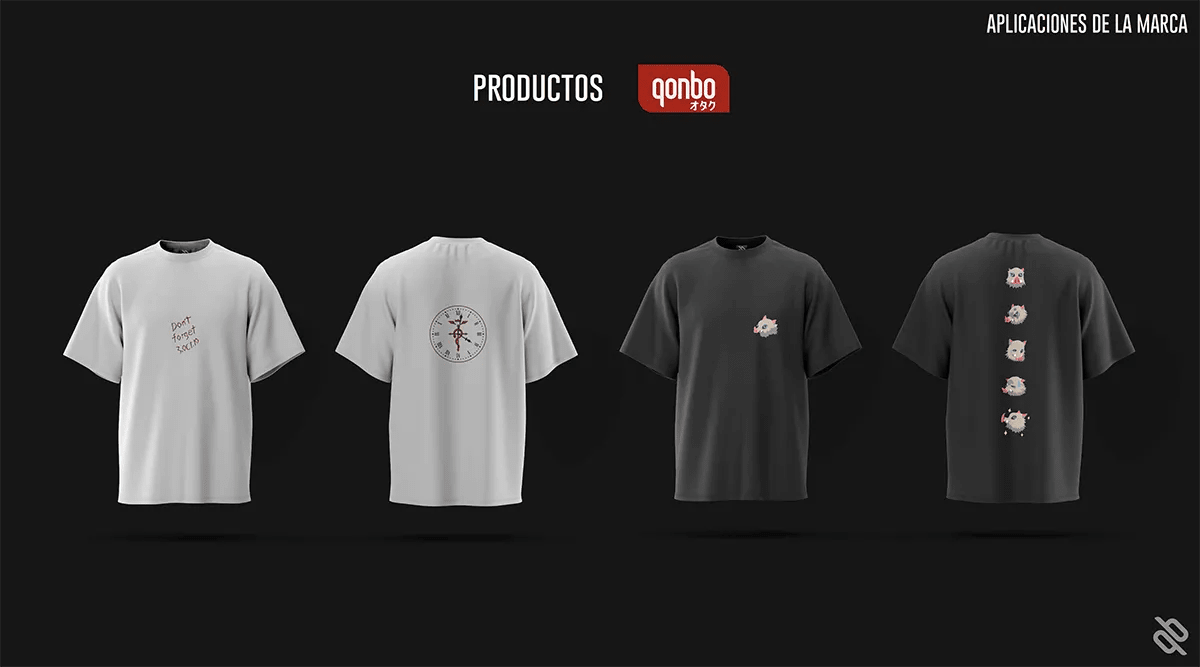 Mockups de camisetas de la colección qonbo Otaku con gráficas de anime, de Guillermo Gómez, alumno de Diseño Gráfico y Motion Graphics en TRAZOS