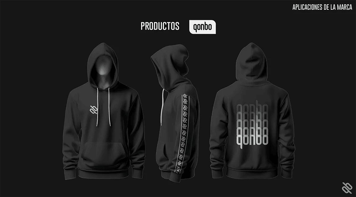 Mockups de la sudadera negra de la colección base qonbo con el logotipo, de Guillermo Gómez, alumno de Diseño Gráfico y Motion Graphics en TRAZOS