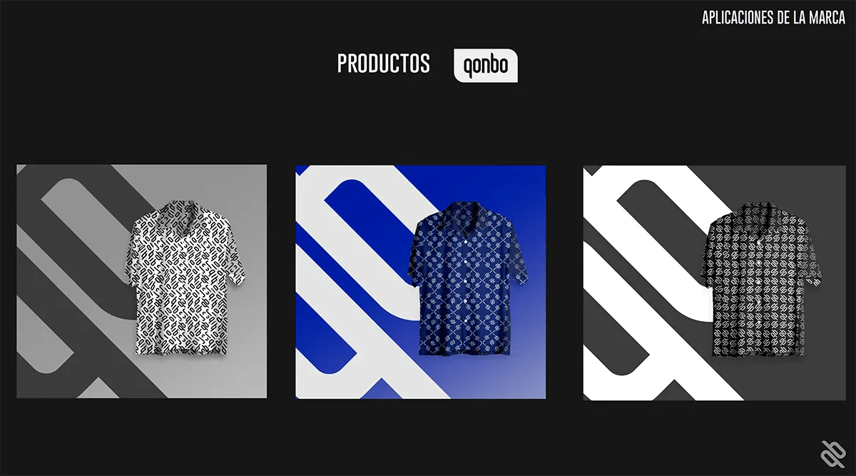 Mockups de camisas estampadas con el patrón de la marca qonbo, de Guillermo Gómez, alumno de Diseño Gráfico y Motion Graphics en TRAZOS