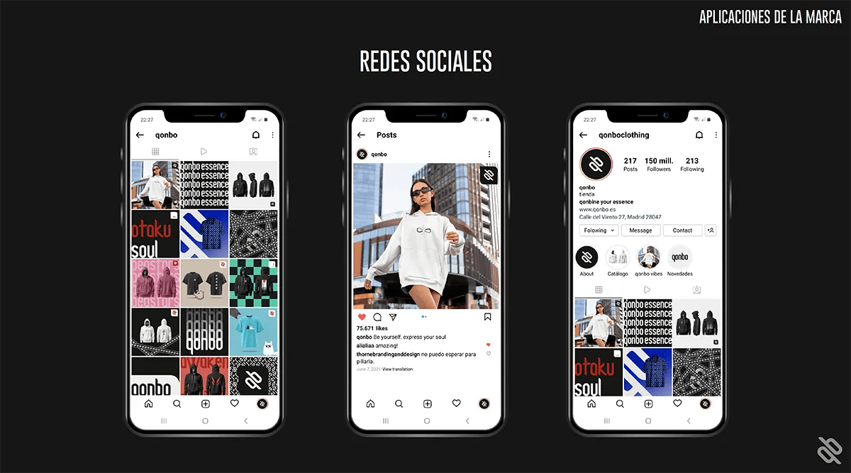 Mockup de las redes sociales de la marca qonbo en Instagram, de Guillermo Gómez, alumno de Diseño Gráfico y Motion Graphics en TRAZOS
