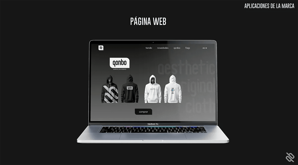 Mockup de la página web de la marca qonbo en un portátil, de Guillermo Gómez, alumno de Diseño Gráfico y Motion Graphics en TRAZOS