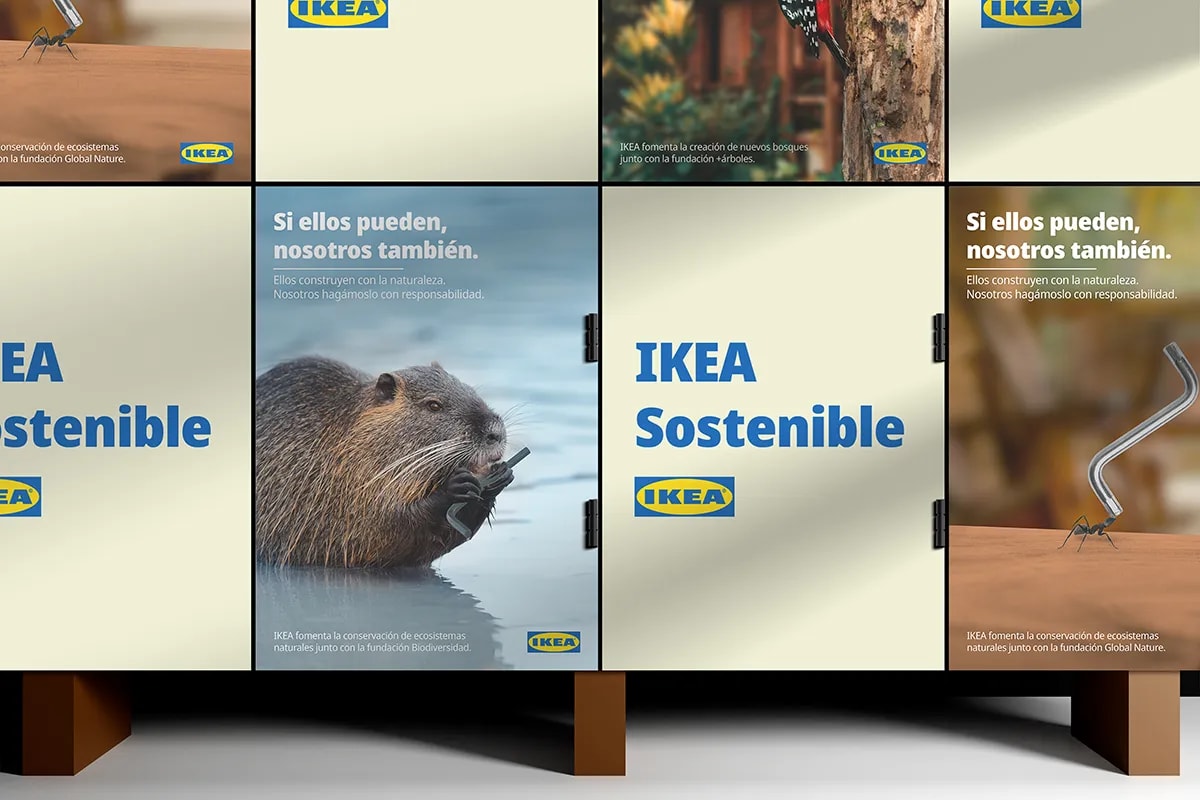 Carteles de IKEA Sostenible montados en un mueble desplegable, de Maren Alberdi Hernández, alumna de Diseño Gráfico y Motion Graphics en TRAZOS