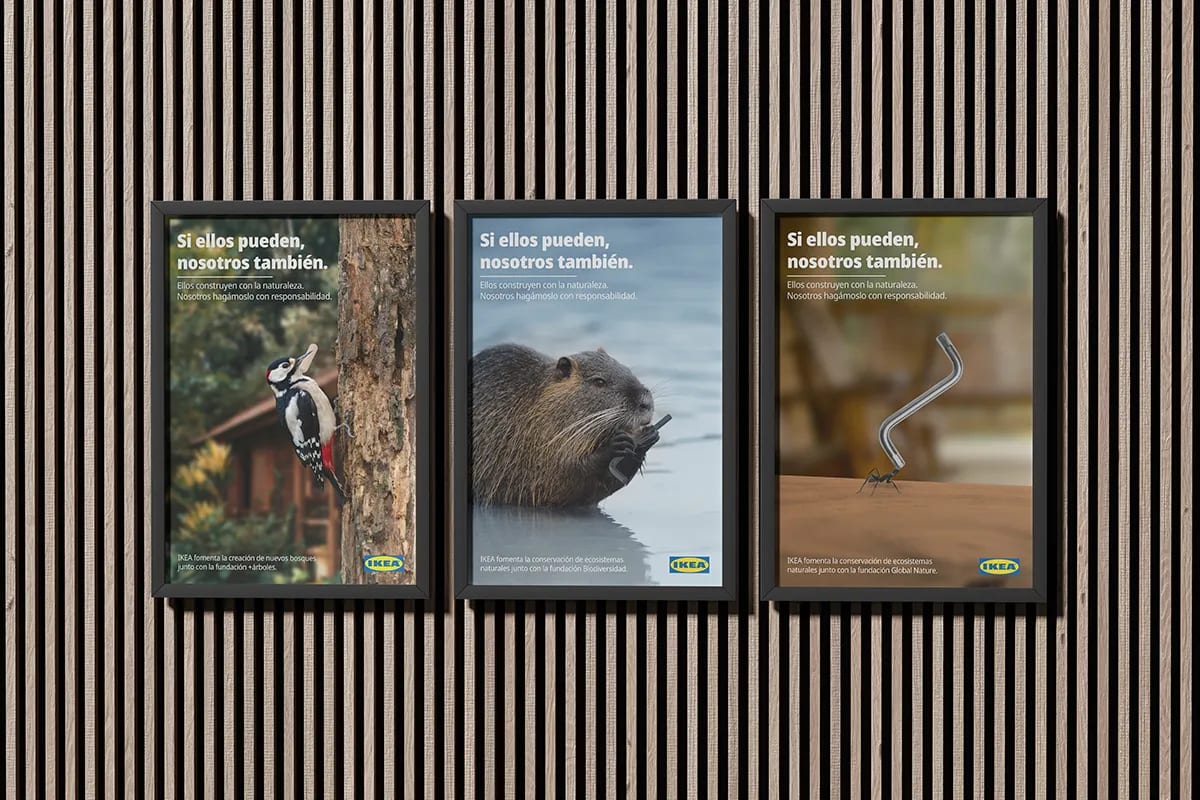 Tres carteles enmarcados de la campaña IKEA Sostenible en una pared de madera, de Maren Alberdi Hernández, alumna de Diseño Gráfico y Motion Graphics en TRAZOS