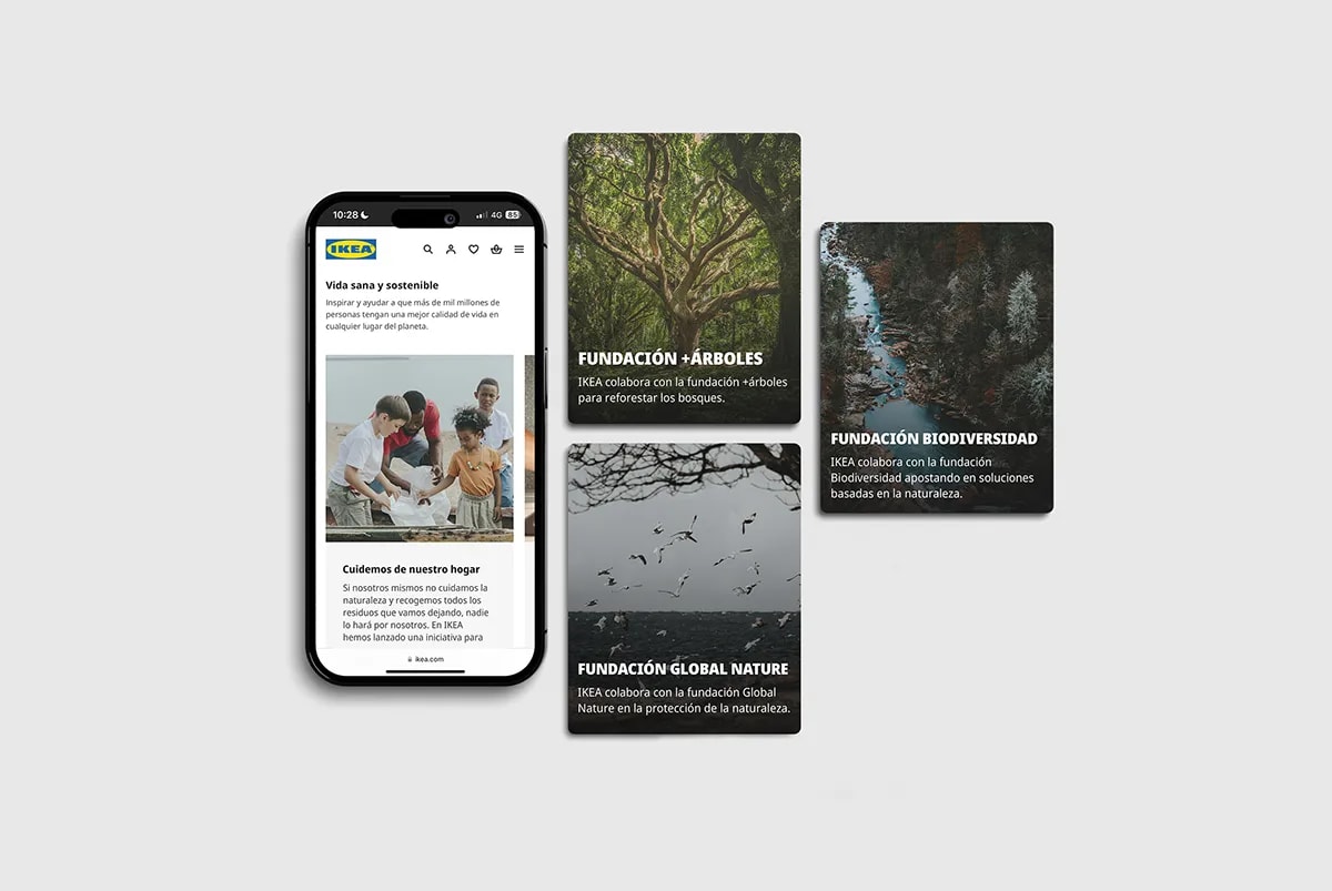 Mockup de la web de IKEA con las fundaciones colaboradoras de la campaña sostenible, de Maren Alberdi Hernández, alumna de Diseño Gráfico y Motion Graphics en TRAZOS